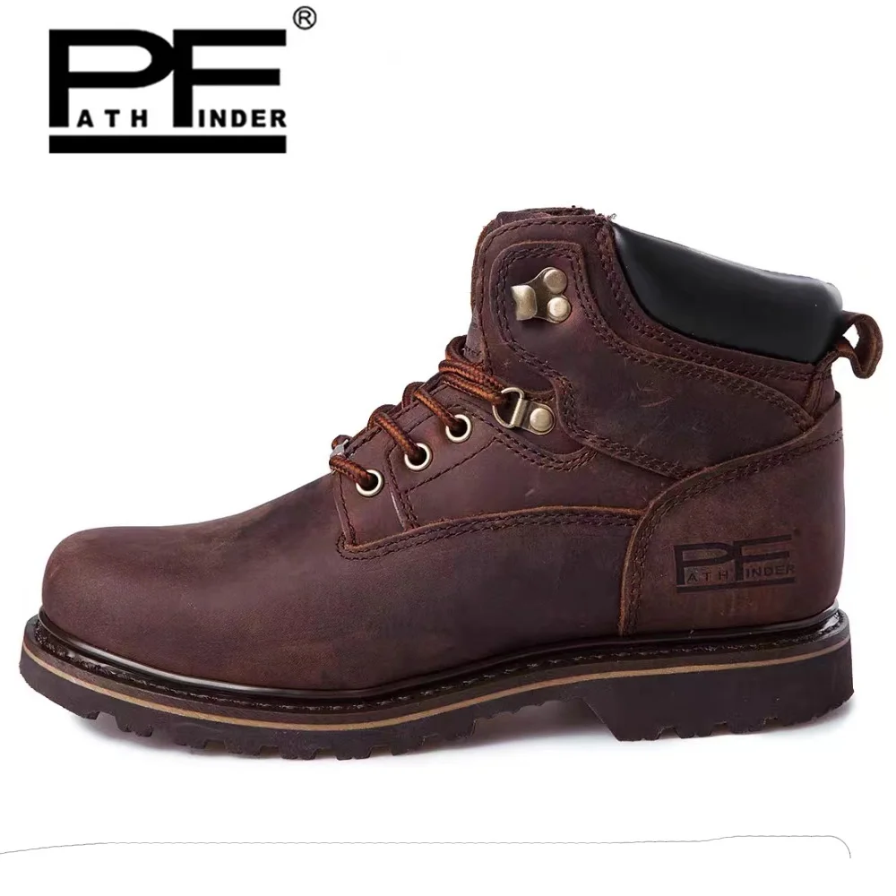 Work Boot Steel Toe - Pf แฟชั่นผู้ชายของแท้หนังรถจักรยานยนต์รองเท้ากลางลูกวัวเหล็ก Toe SLIP-Resistant รองเท้าทํางานผู้หญิง Goodyear-เชื่อม