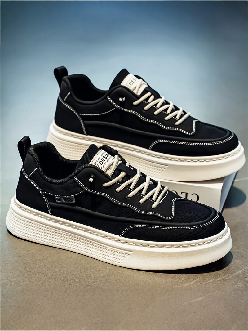 Casual Sneaker Low - รองเท้าผ้าใบผู้ชายแฟชั่นใหม่สำหรับฤดูร้อน พื้นหนา น้ำหนักเบา สไตล์ลำลอง ผ้าไอซ์ซิลค์ สีดำ