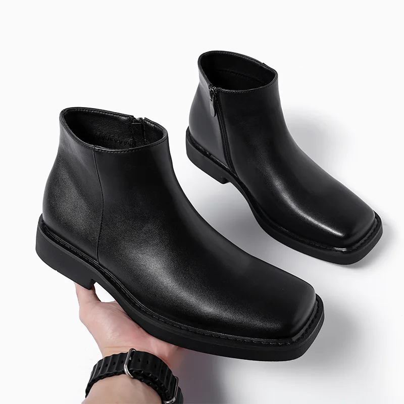 Men'S Shoes Qn - สีดําใหม่แฟชั่นผู้ชายรองเท้าหนังลําลองรองเท้าฤดูใบไม้ร่วงฤดูหนาวรองเท้าข้อเท้า Vintage อังกฤษธุรกิจสแควร์ Toe รองเท้าเชลซี