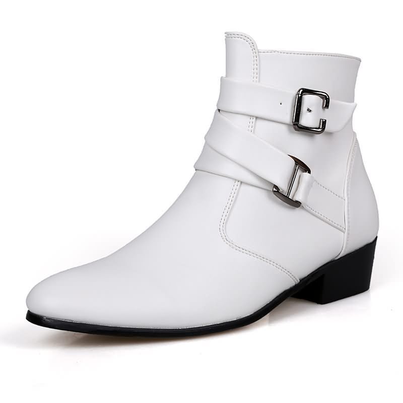 Men Shoes White Colour - ผู้ชายหรูหรารองเท้าหนังเชลซีรองเท้า High TOP BUCKLE อย่างเป็นทางการรองเท้าสีดําสไตล์อังกฤษข้อเท้ารองเท้าชี้ Toe