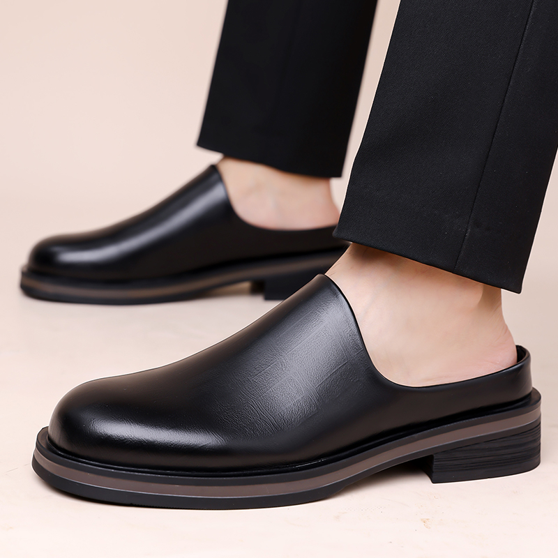 Men'S Shoes Qn - รองเท้าสลิปออนแบบเปิดส้นสำหรับผู้ชาย พื้นหนา หนังเงา สไตล์ลำลอง ทรงหัวมน ดีไซน์ย้อนยุค
