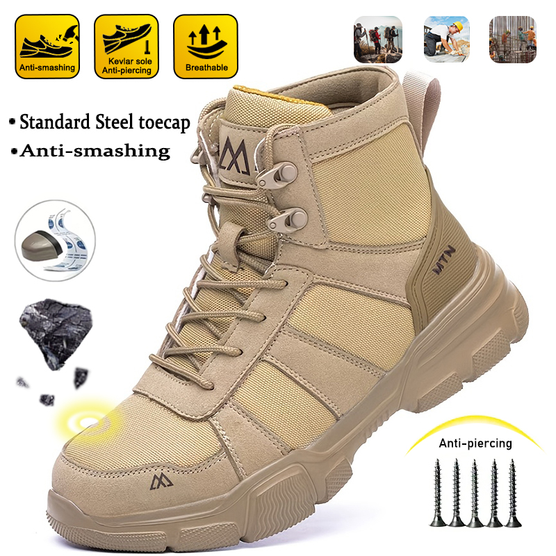 Work Boot Steel Toe - รองเท้าบูทกันกระแทกสำหรับผู้ชาย รองเท้าทำงานหัวเหล็ก ป้องกันการเจาะทะลุ รองเท้าเซฟตี้ทนทาน รองเท้าบูทหุ้มข้อสูงแฟชั่นสำหรับผู้ชาย