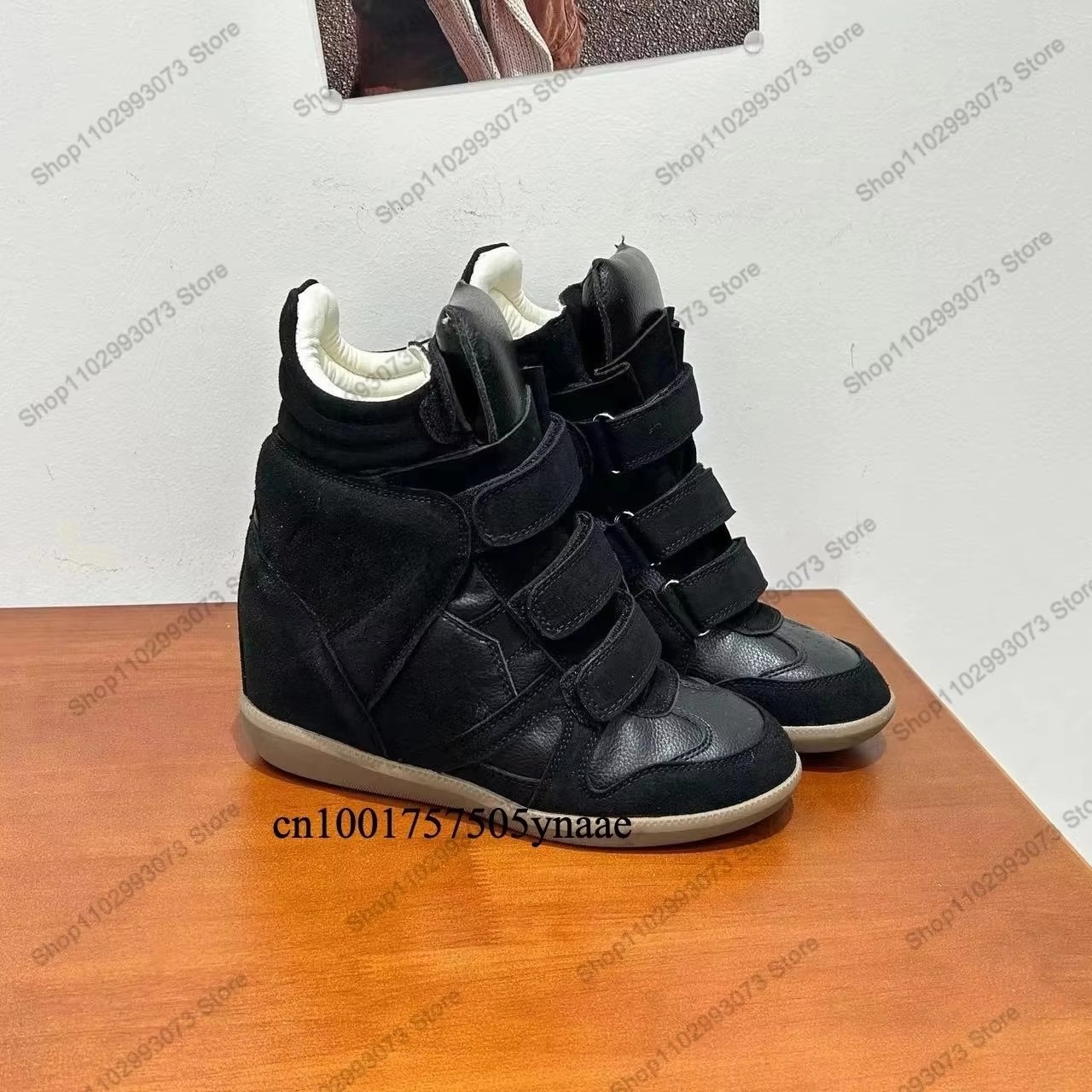 Casual Sneaker Low - รองเท้าผ้าใบหุ้มข้อส้นลิ่มซ่อนสำหรับผู้หญิง หนังกลับผสมหนังแท้ สายรัดเวลโครเพิ่มความสูงภายใน น้ำหนักเบา สวมใส่สบาย แฟชั่นลำลอง