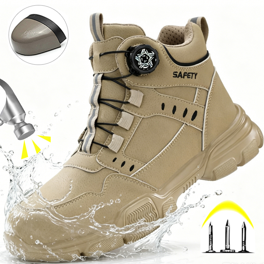 Work Boot Steel Toe - รองเท้าบูทนิรภัยหนังกันน้ำสำหรับผู้ชาย น้ำหนักเบา หัวเหล็ก ป้องกันการกระแทก ป้องกันการเจาะทะลุ ทนทาน